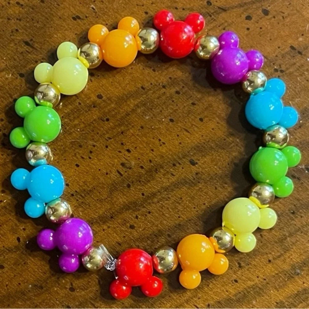 Stretch Bracelet w/ Rainbow Mickey Mouse Charms & Gold Beads!